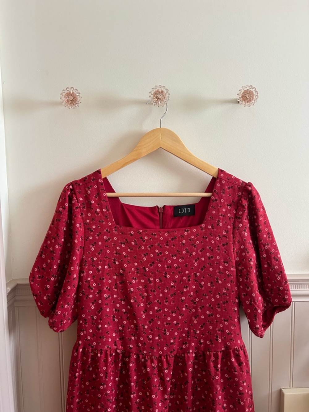 Red Floral Tiered Midi Dress with Square Neck